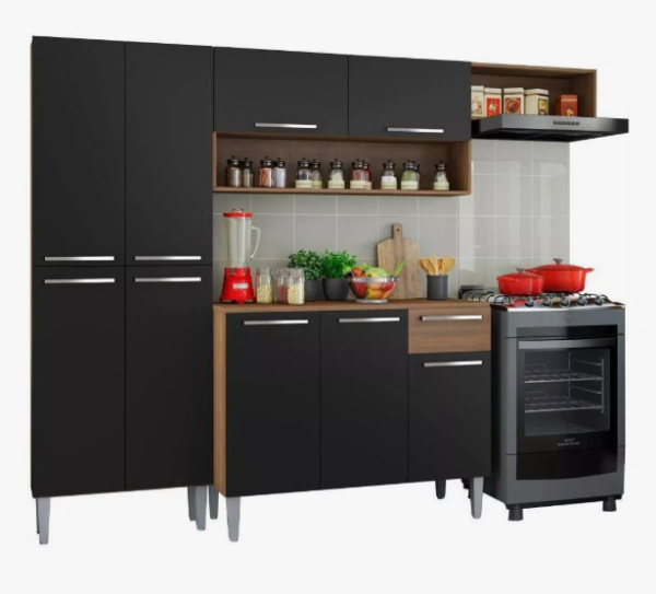 Armário de Cozinha Modulada Compacta Completa Madesa Emilly Top Com Armário E Balcão Rustic/Preto